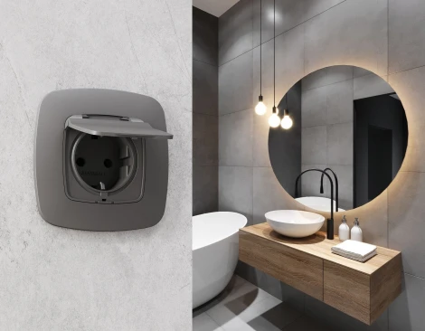 Лицевая панель Ambrella Volt OMEGA (Антрацит серый) для электрической розетки с заземлением со шторками и крышкой IP44 QUANT OP6580