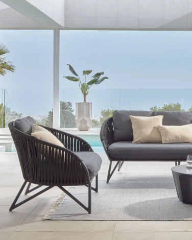 Кресло из ротанга La Forma (ex Julia Grup) Branzie (Черный/ Сталь,Веревка,Пена)