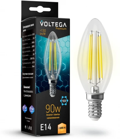 Лампочка светодиодная свеча прозрачная E14 6,5W 220V 840 lm 2800K Voltega Candle 9W Graphene 7134