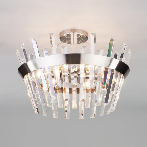 Потолочная люстра Wi-Fi на штанге Eurosvet Steccato 10111/5 сатин-никель/прозрачный хрусталь Strotskis (220V, управление смартфоном, голосовое управление, умный дом - Minimir Home, Алиса, Маруся, Салют, круглые)