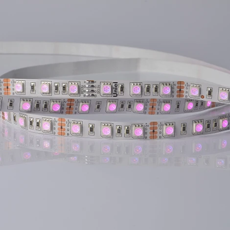 Гибкая светодиодная лента на самоклеящейся основе. катушка 5 м, мультиколор. Uniel ULS-5050-60LED/m-10mm-IP20-DC24V-14,4W/m-5M-RGB катушка в герметичной упаковке