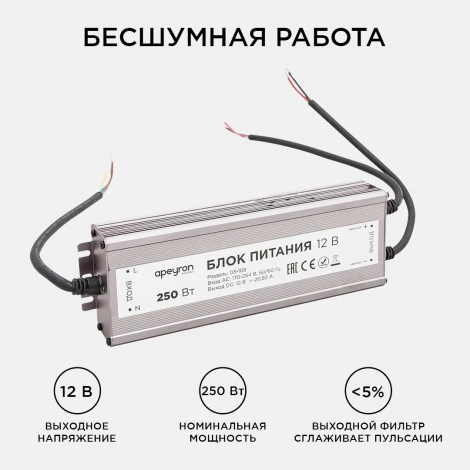 Блок питания 12В, (СТ), 250Вт, импульсный, IP67, 170-264В, 20,83А, алюм., сереб. Apeyron 03-108