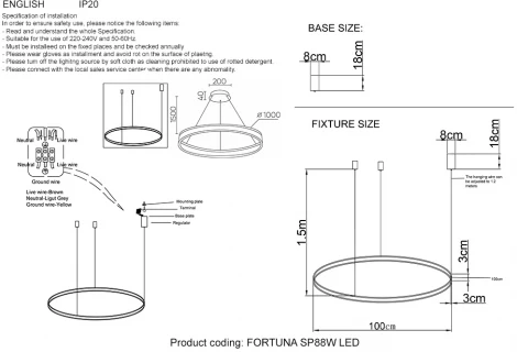 Подвесной светильник Crystal Lux FORTUNA SP88W LED BLACK (220V, пульт управления, на тросе, кольцо)