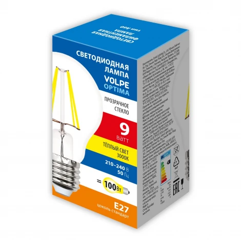 Лампочка светодиодная филаментная Volpe LED-A60-SLF LED-A60-9W/3000K/E27/CL/SLF