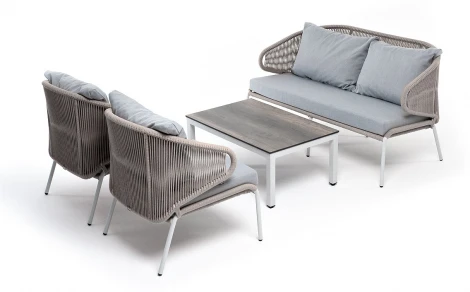 "Милан" лаунж-зона 4-местная плетеная из роупа (веревки), каркас алюминиевый белый, роуп бежевый 4SIS арт.УТ-00005967