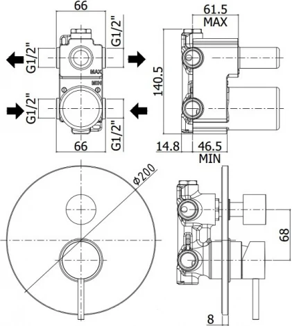 Смеситель Paffoni Light LIG018NO С ВНУТРЕННЕЙ ЧАСТЬЮ,  для душа