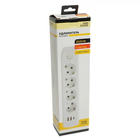 Удлинитель 4-х местный 2хUSB Type A+C 3 метра (белый) Stekker Home 49978