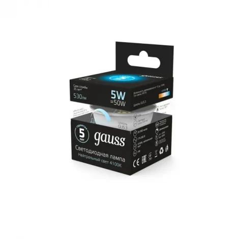 Лампочка светодиодная GU5.3 5 Вт 530 lm 4100K нейтральное белое свечение Gauss 101505205