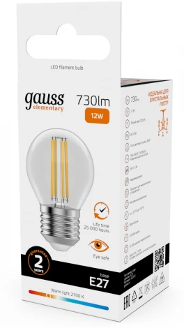 Лампочка светодиодная филаментная Gauss Filament Elementary 52212 Шар 12W 730lm 2700К Е27 LED