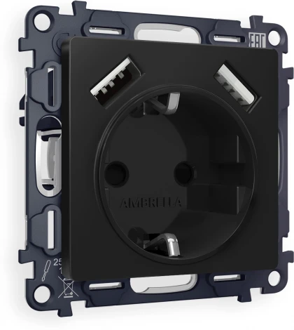 Комплект механизма Ambrella Volt электрической розетки ALFA MA809010 Черный матовый 2USB A+A 18W быстрая зарядка с заземлением и шторками 2P+E 16A-250V QUANT