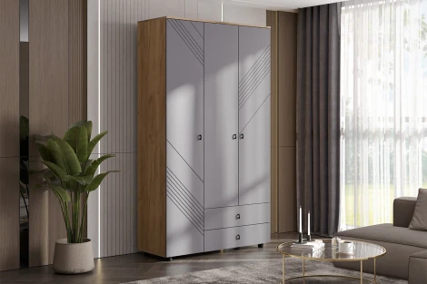 Шкаф трехстворчатый Арника с ящиками Байкал, Дуб Золотой, Графит