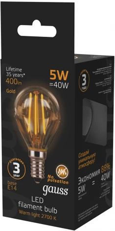 Лампочка светодиодная филаментная Gauss Filament 105801005 Шар 5W 400lm 2700К Е14 golden LED