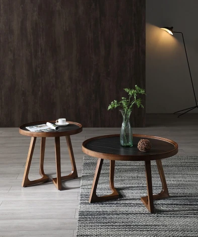 Стол журнальный ESF CT6082 (D80) черная керамика/орех/Керамика,Массив дерева