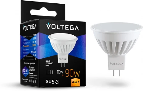 Лампочка светодиодная полусфера белая колба GU5.3 10 Вт 780 lm 2800K теплое желтое свечение Voltega Ceramics 7074