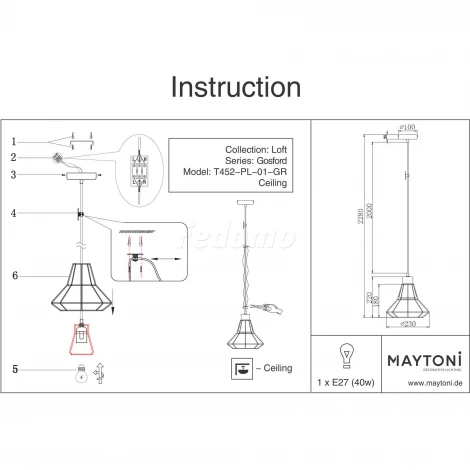 Подвесной светильник Maytoni Gosford T452-PL-01-GR (220V, на проводе)