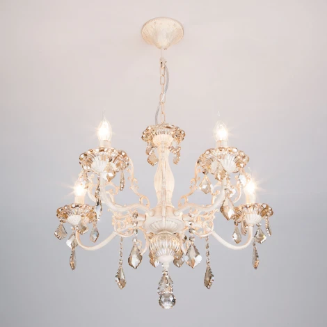 Подвесная люстра Eurosvet 3281 3281/5 белый с золотом / тонированный хрусталь (220V, хрусталь Strotskis, на цепи, подсвечник, свеча)