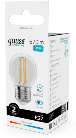 Лампочка светодиодная филаментная Gauss Filament Elementary 52220 Шар 10W 670lm 4100К Е27 LED