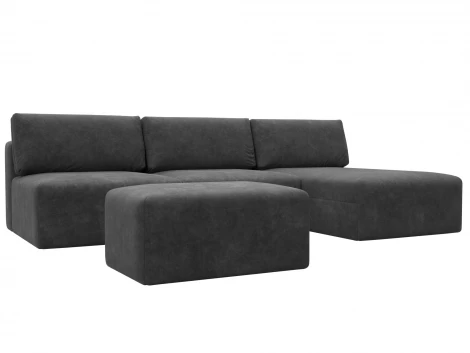Диван угловой модульный с пуфом Лига-060 НПБ Лонг угол универсальный (ЛДСП,Брус,Фанера/Пластик/Велюр/Темно-серый) Лига Диванов 129527