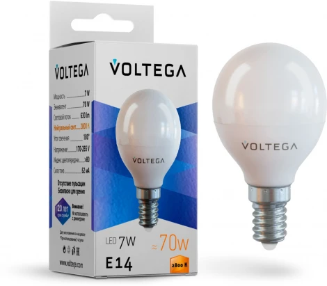 Лампочка светодиодная груша белая колба E14 7 Вт 650 lm 2800K теплое желтое свечение Voltega Simple 7054