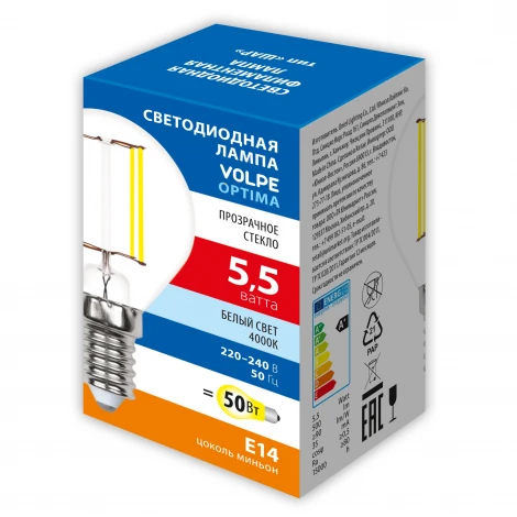 Лампа светодиодная, форма "шар", прозрачная, белый свет 4000K Volpe Optima Филамент LED-G45-5,5W/4000K/E14/CL/SLF