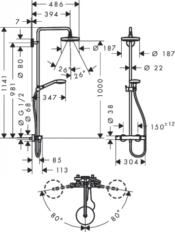 Душевая стойка Hansgrohe Croma Select S 180 2jet 27253400 с термостатом