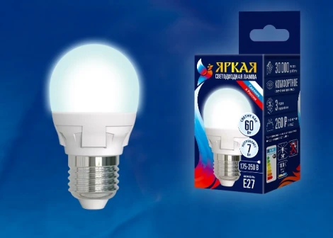 Лампочка светодиодная шар белая E27 7W 4000K Uniel LED-G45 7W/NW/E27/FR PLP01WH