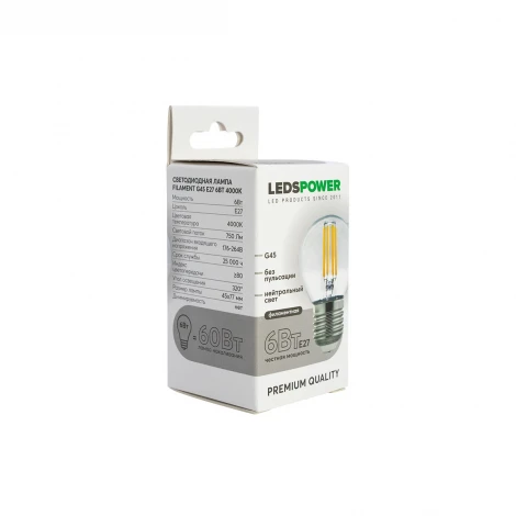 Лампочка светодиодная филаментная E27 6Вт 4000K LEDS POWER 007120