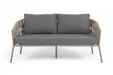 "Комо" диван 2-местный плетеный из роупа, каркас алюминий бежево-серый (RAL7006) муар, роуп серо-коричневый 23мм, ткань темно-серая 027 4SIS COM-S-2-001 RAL7006 Mua S-G-brown(D-gray027)