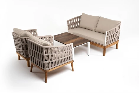 "Диего" лаунж-зона 4-местная плетеная из роупа со столиком "Канны" цвета "дуб", основание дуб, роуп бежевый 4SIS арт.УТ-00007272