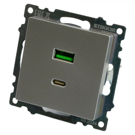 Розетка USB Type A+С (серебро) Stekker Катрин 50054