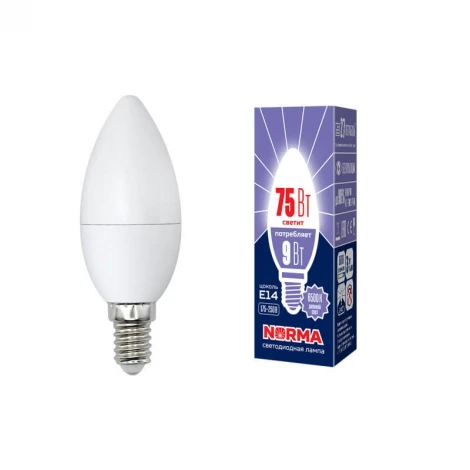 Лампочка светодиодная свеча белая E14 9W 6500K Volpe LED-C37-9W/DW/E14/FR/NR