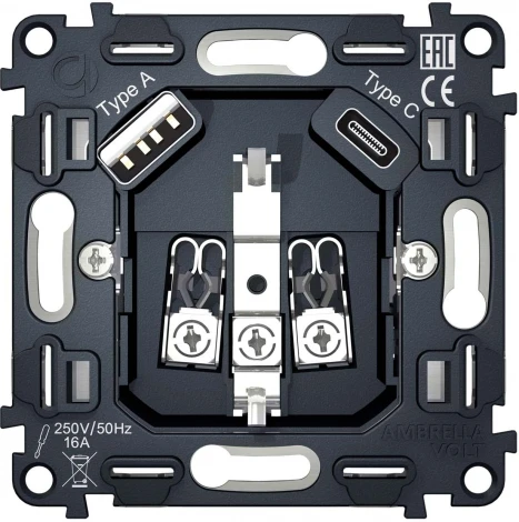 Механизм электрической розетки Ambrella Volt 2USB A+C 20W быстрая зарядка с заземлением на винтовых зажимах 16A 250V QUANT VM160