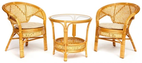 13344 ТЕРРАСНЫЙ КОМПЛЕКТ "PELANGI" (стол со стеклом + 2 кресла) /без подушек/ walnut (грецкий орех) (ротанг)