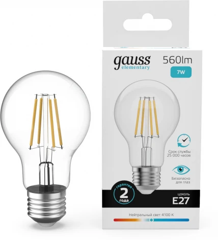 Лампочка светодиодная филаментная Gauss Filament Elementary 22227 А60 7W 560lm 4100К Е27 LED