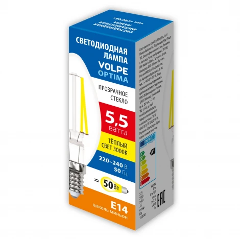 Лампа светодиодная, форма "свеча", прозрачная, теплый белый свет 3000K Volpe Optima Филамент LED-C35-5,5W/3000K/E14/CL/SLF
