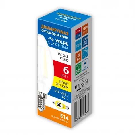 Лампа светодиодная диммируемая, матовая, теплый белый свет 3000K Volpe Optima Филамент Dim LED-C35-6W/3000K/E14/FR/DIM/SLF