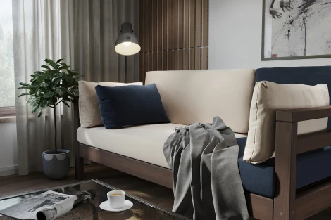 Диван Arsko прямой Домино Б орех велюр молочный/синий