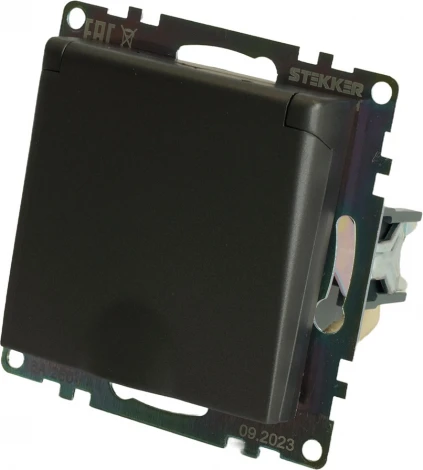Розетка с заземлением защитной крышкой и шторками (графит) Stekker Катрин 49424
