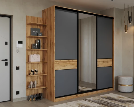 Шкаф-купе,184*60, Дуб вотан, Серый с зеркалом МАМА SLIM 102207
