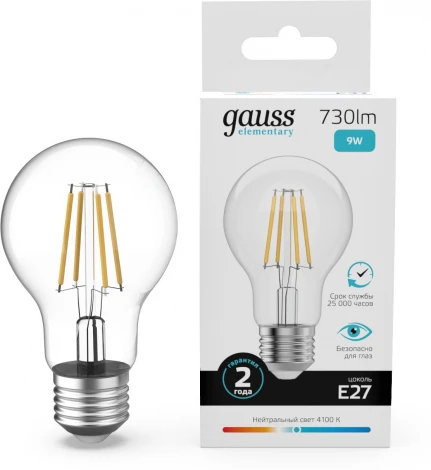 Лампочка светодиодная филаментная Gauss Filament Elementary 22229 А60 9W 730lm 4100К Е27 LED
