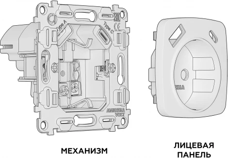 Комплект механизма Ambrella Volt электрической розетки OMEGA MO510010 Сталь матовый 2USB A+C 20W быстрая зарядка с заземлением и шторками 2P+E 16A-250V QUANT