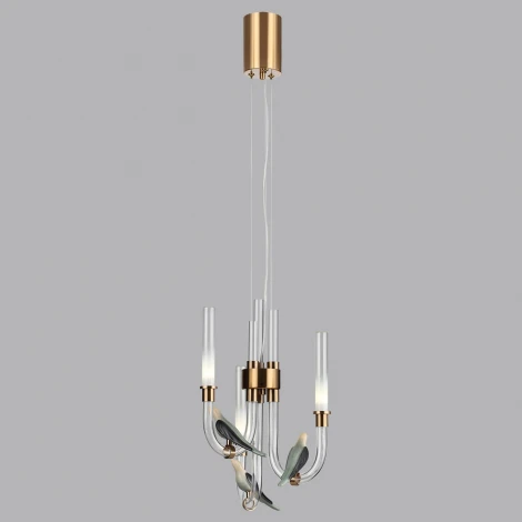 Подвесной светильник Odeon Light Lark 5431/6L золотой(под латунь)/белый градиент/беж./зеленый/ металл/стекло/керамикаLED 6W 4000K (220V, на тросе, птички)
