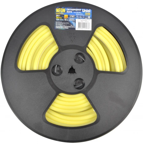 Светодиодная гибкая герметичная лента Neon 15 м. Neon ULS-N11-2835-120LED/m-8mm-IP67-DC24V-10W/m-15M-YELLOW катушка в герметичной упаковке