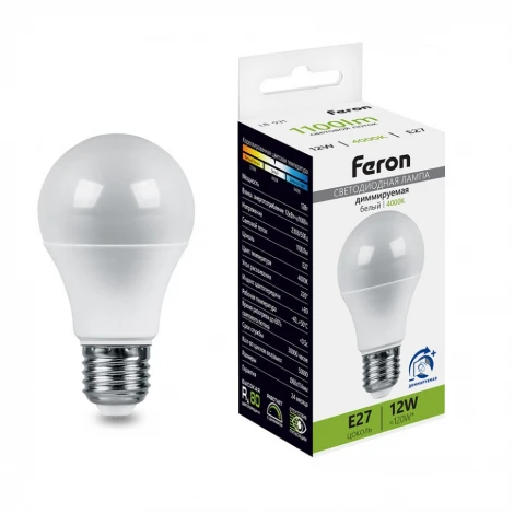Лампа светодиодная A60 шар диммируемая 12W 230V E27 4000К Feron LB-931 51053