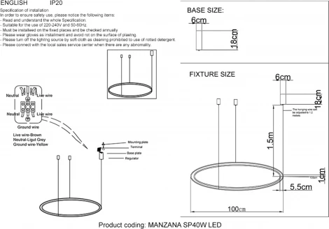 Подвесной светильник светодиодный с пультом Crystal Lux MANZANA SP40W LED BLACK (220V, на тросе, кольцо)