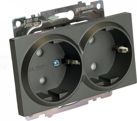 Розетка двойная с заземлением и шторками (графит) Stekker Катрин 49425