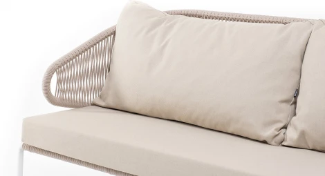 "Милан" диван 3-местный плетеный из роупа, каркас алюминий белый муар, роуп бежевый круглый, ткань бежевая 052 4SIS арт.УТ-00004929