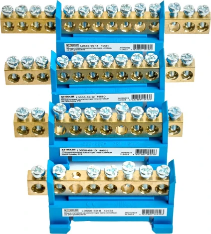 Шина нулевая на изоляторе на DIN-рейку 8 выводов (синий) Stekker 49558