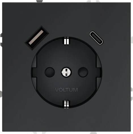 Розетка с заземлением, шторками и USB Type A+С (графит) Voltum S70 VLS040507
