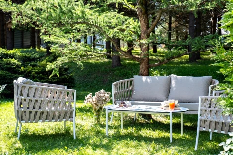 "Диего" лаунж-зона 4-местная плетеная из роупа (веревки), каркас алюминиевый белый, роуп бежевый 4SIS арт.УТ-00008434